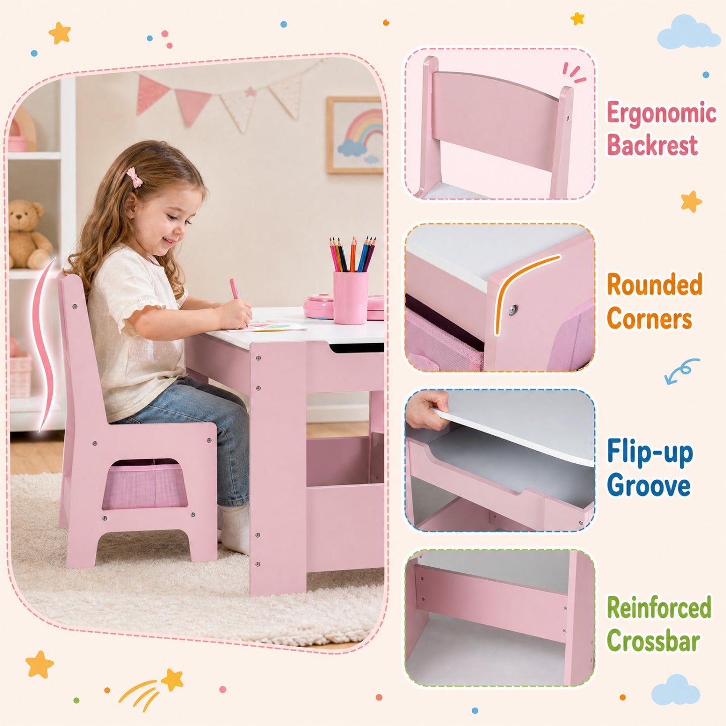 4-in-1 Kids Table & Chairs Set, Building Blocks, Bookshelf, Pink