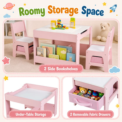 4-in-1 Kids Table & Chairs Set, Building Blocks, Bookshelf, Pink
