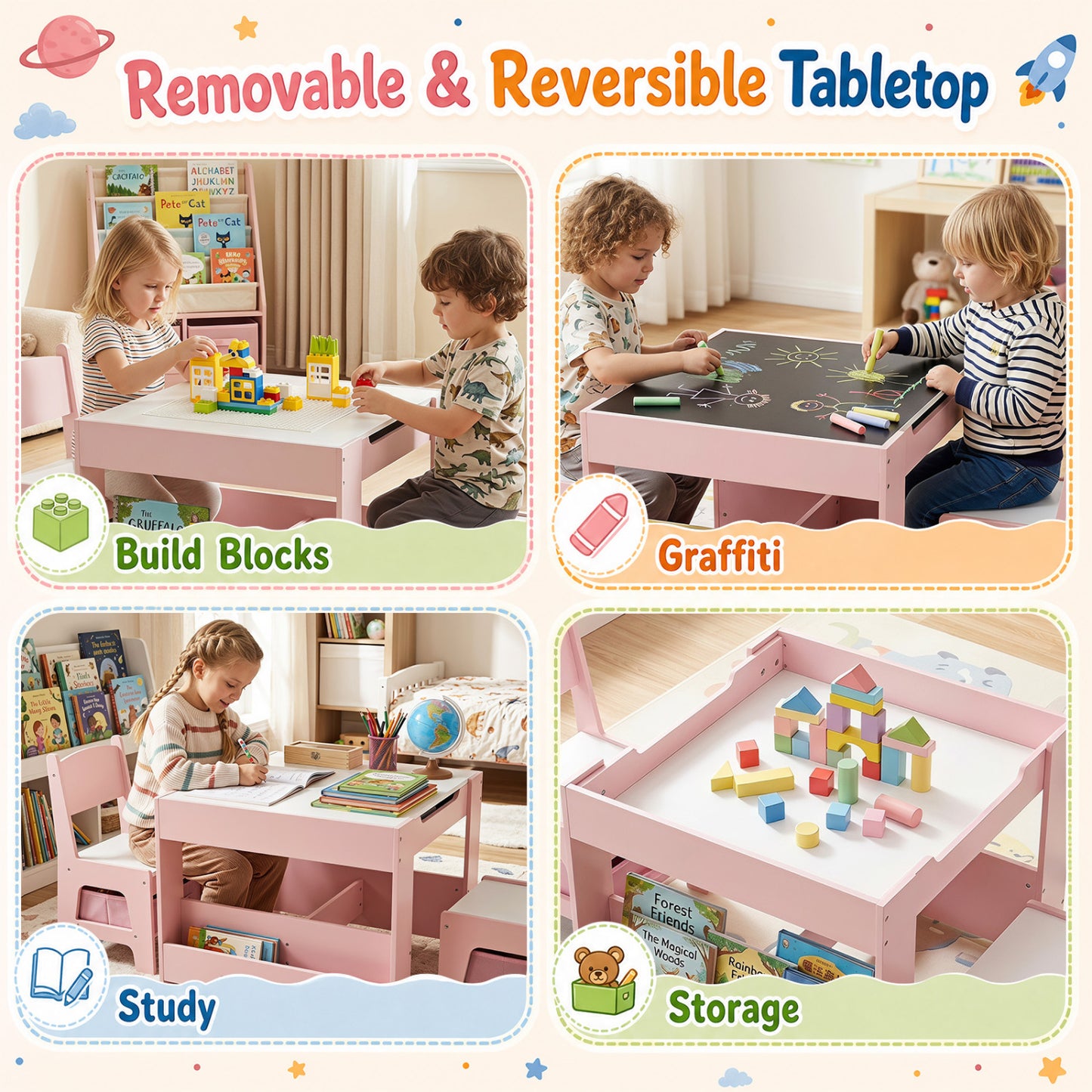 4-in-1 Kids Table & Chairs Set, Building Blocks, Bookshelf, Pink