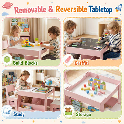 4-in-1 Kids Table & Chairs Set, Building Blocks, Bookshelf, Pink