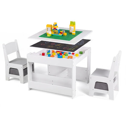 4-in-1 Kids Table & Chairs Set with Blocks, Bookshelves, Grey