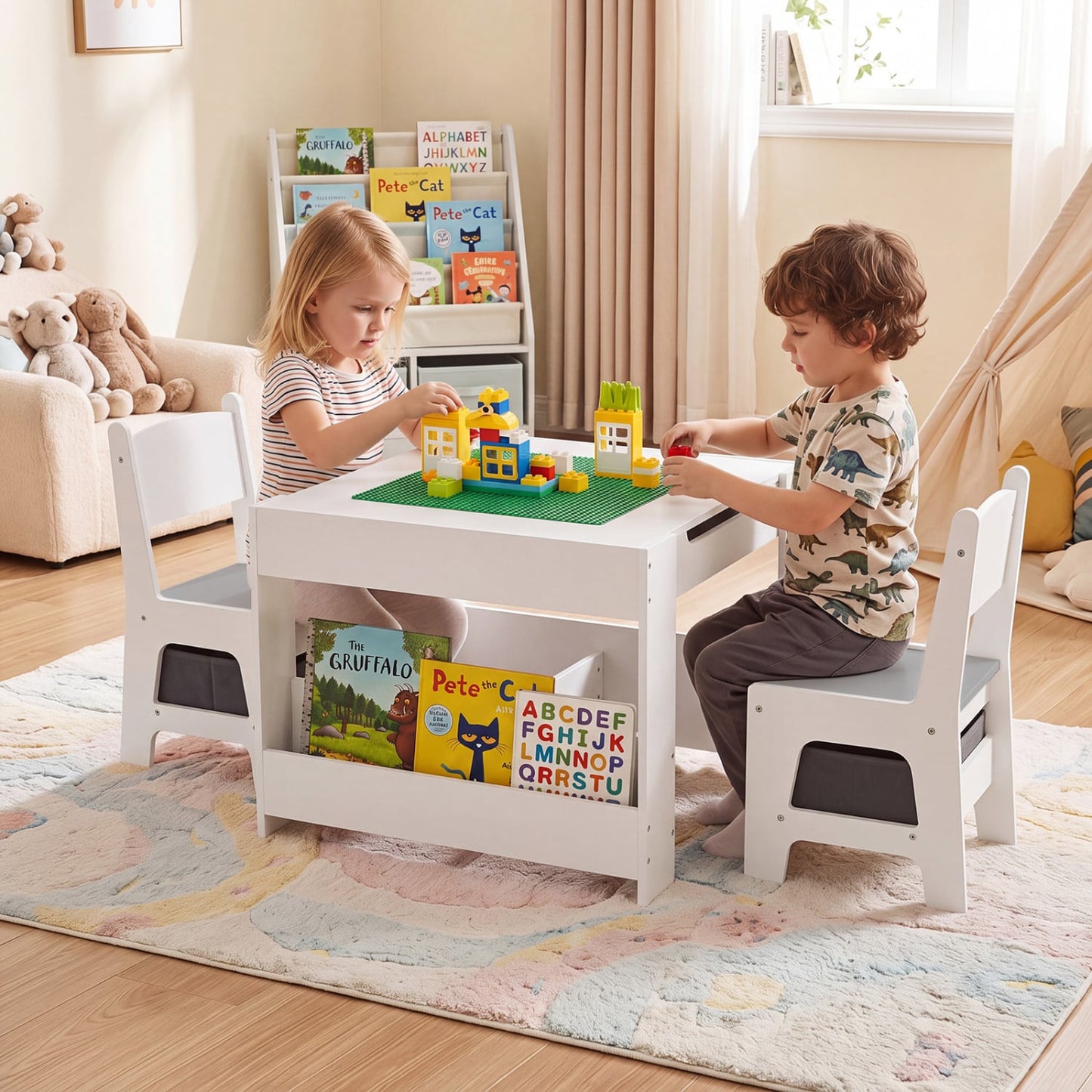 4-in-1 Kids Table & Chairs Set with Blocks, Bookshelves, Grey