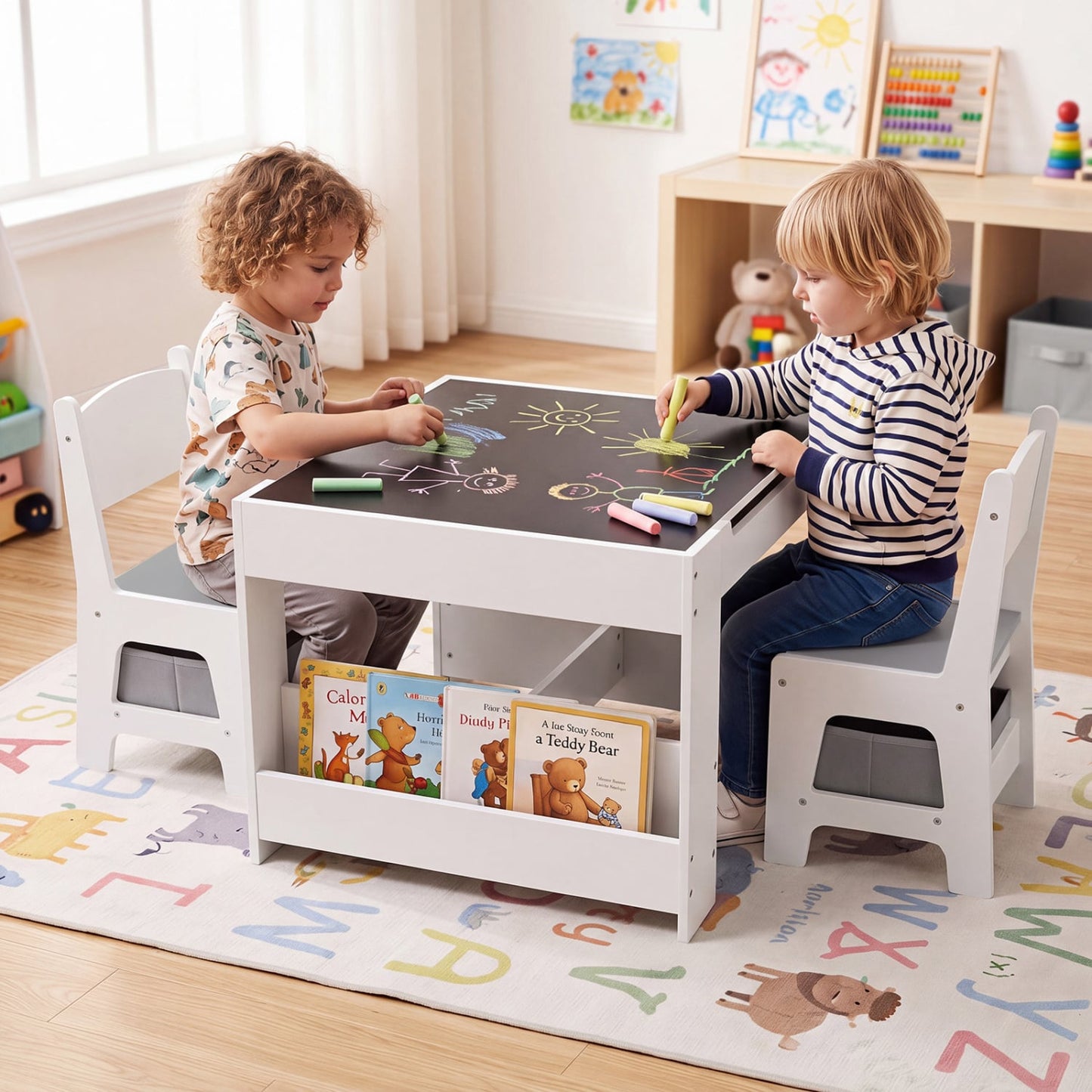 4-in-1 Kids Table & Chairs Set with Blocks, Bookshelves, Grey