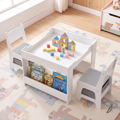 4-in-1 Kids Table & Chairs Set with Blocks, Bookshelves, Grey