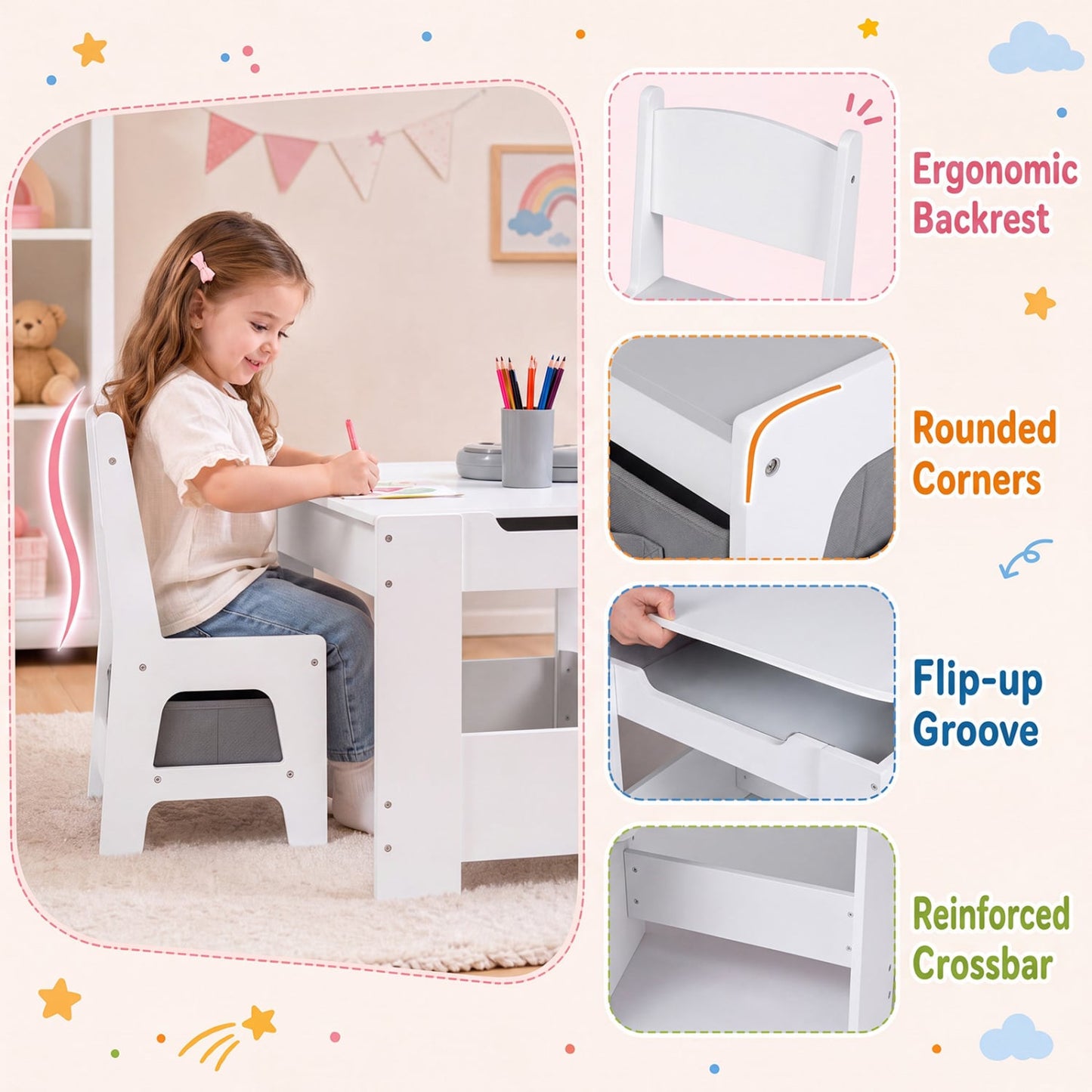4-in-1 Kids Table & Chairs Set with Blocks, Bookshelves, Grey
