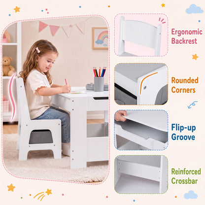 4-in-1 Kids Table & Chairs Set with Blocks, Bookshelves, Grey