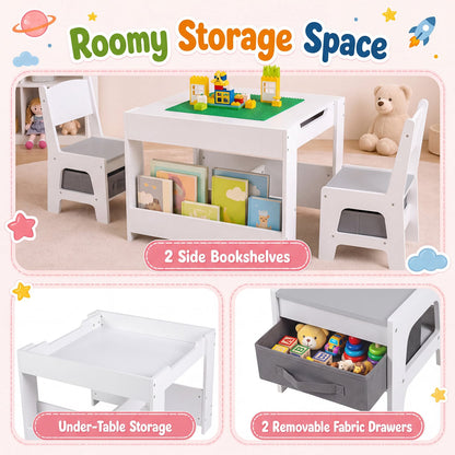4-in-1 Kids Table & Chairs Set with Blocks, Bookshelves, Grey