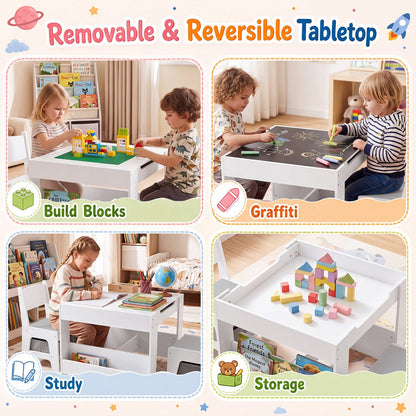 4-in-1 Kids Table & Chairs Set with Blocks, Bookshelves, Grey