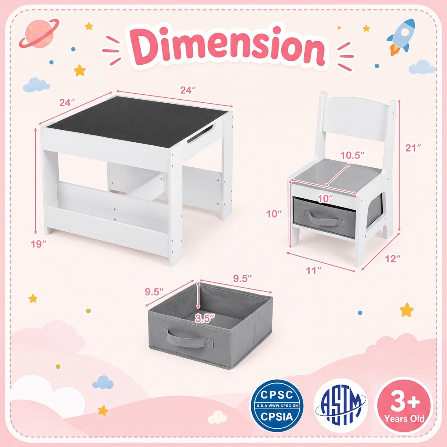 4-in-1 Kids Table & Chairs Set with Blocks, Bookshelves, Grey
