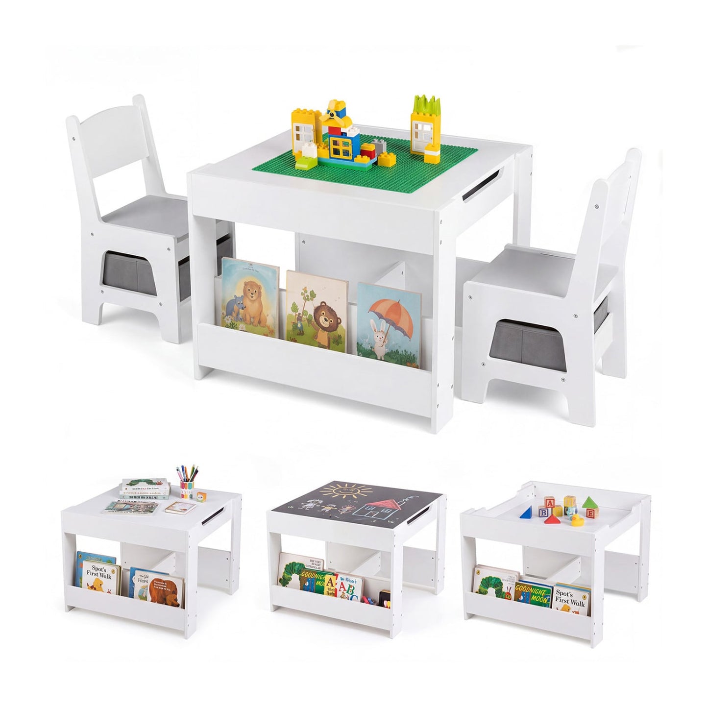 4-in-1 Kids Table & Chairs Set with Blocks, Bookshelves, Grey