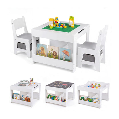 4-in-1 Kids Table & Chairs Set with Blocks, Bookshelves, Grey