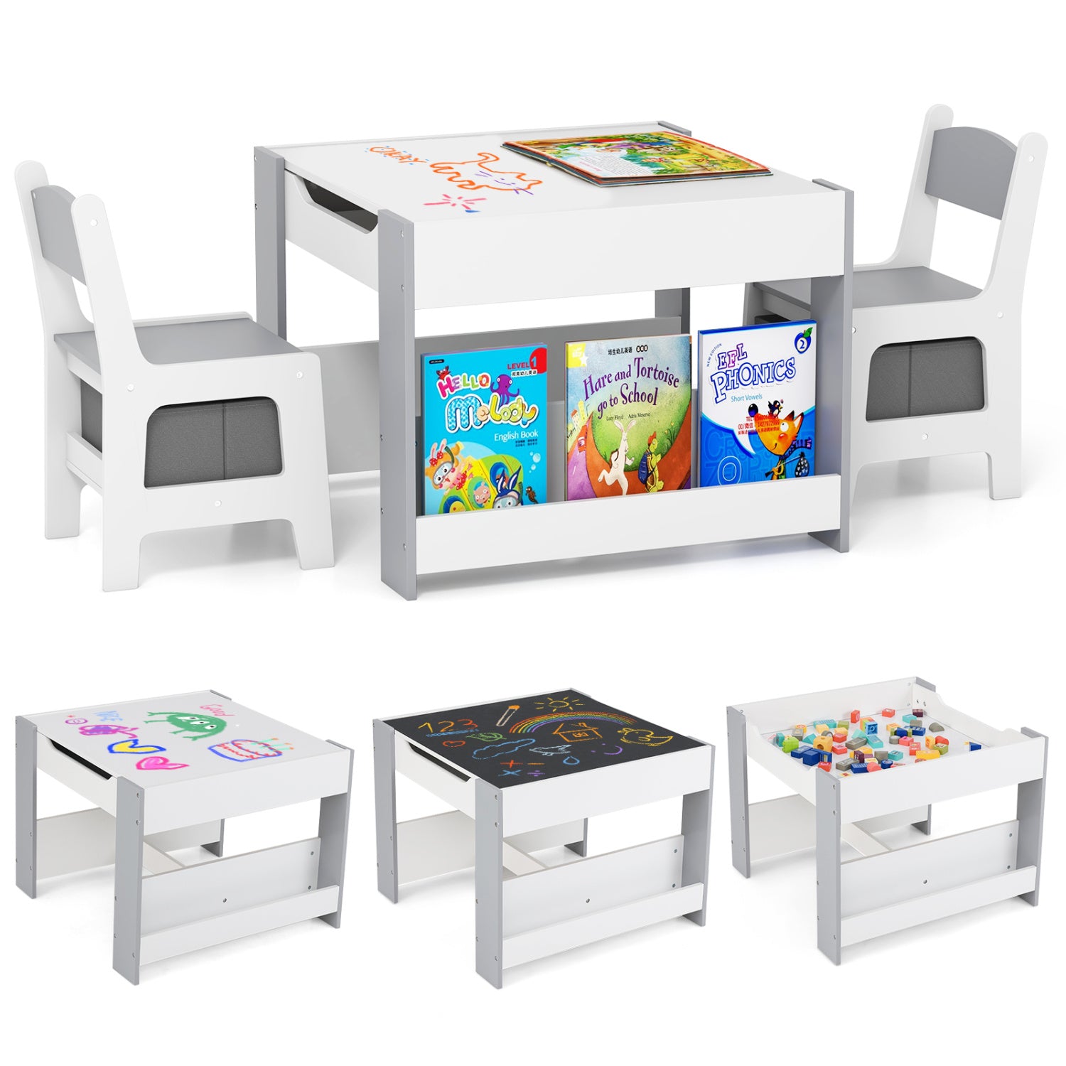 Kids Toddler Activity Table And Chairs Set, Reversible Tabletop, Gray Kids Table & Chair Sets at Gallery Canada