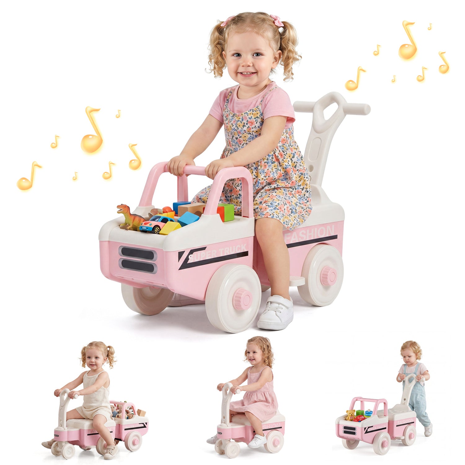 4 in 1 Ride on Push Car with Music and Under-Seat Storage for Boys Girls, Pink Push & Pedal Ride On Toys at Gallery Canada