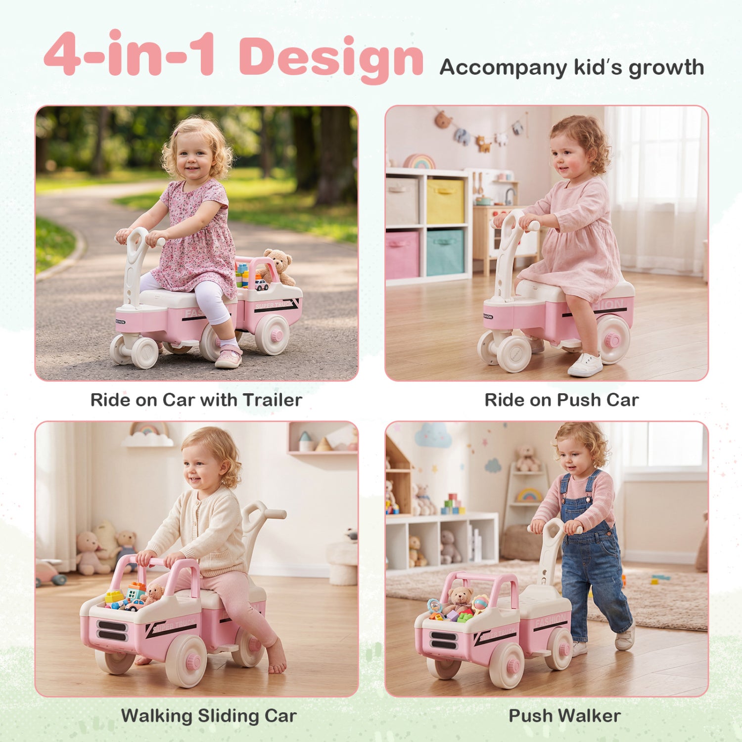 4 in 1 Ride on Push Car with Music and Under-Seat Storage for Boys Girls, Pink Push & Pedal Ride On Toys at Gallery Canada