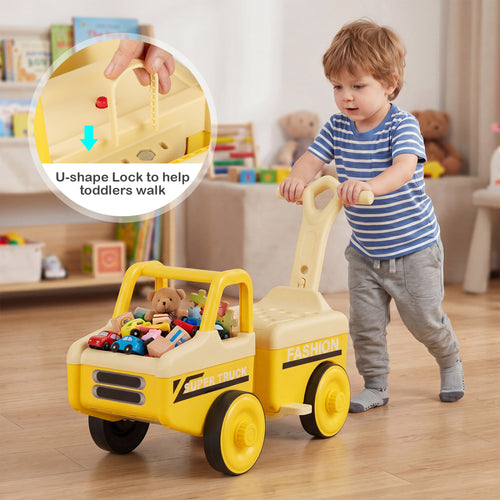 4 in 1 Ride on Push Car with Music and Under-Seat Storage for Boys Girls, Yellow