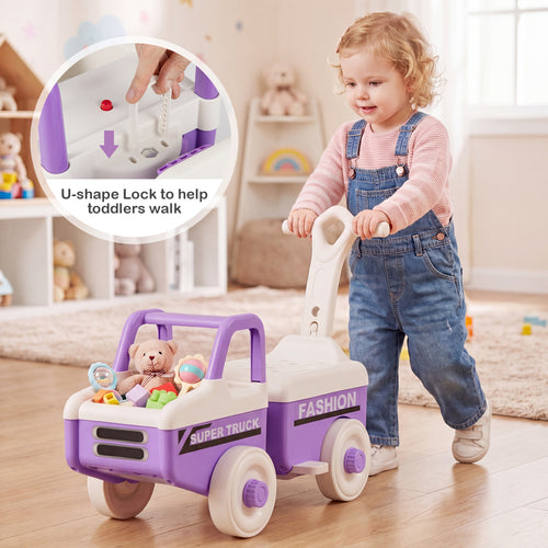 4 in 1 Ride on Push Car with Music and Under-Seat Storage for Boys Girls, Purple