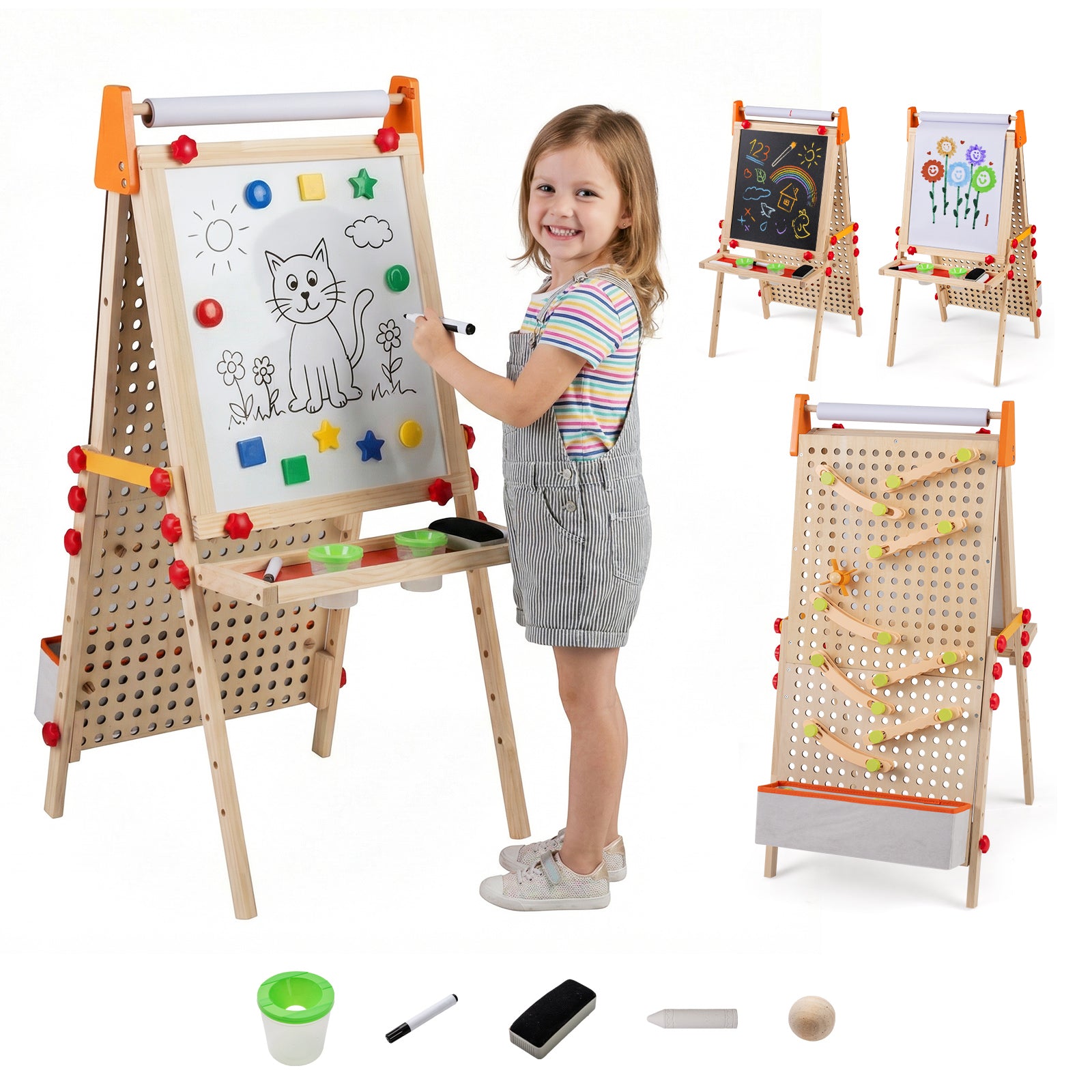 4-in-1 Wooden Kids Art Easel Double-Sided Foldable with Paper Roll and Storage Tray, Natural Art Easels at Gallery Canada