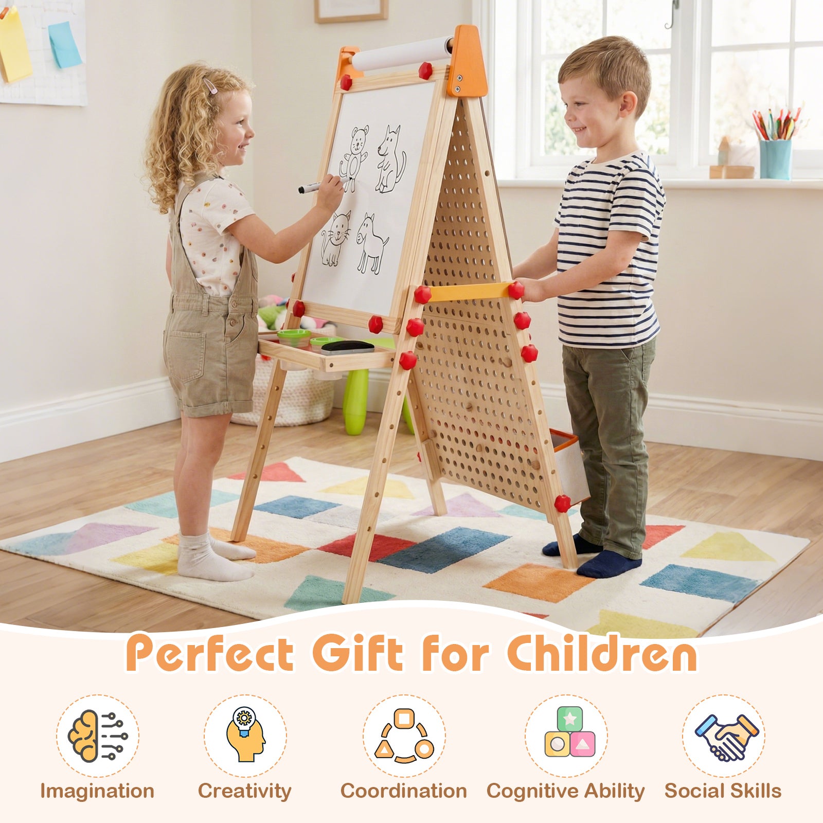 4-in-1 Wooden Kids Art Easel Double-Sided Foldable with Paper Roll and Storage Tray, Natural Art Easels at Gallery Canada