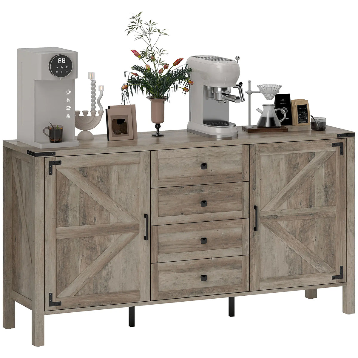 59" Buffet Cabinet, Farmhouse Sideboard, 2 Barn Doors, 4 Drawers, Grey Storage Cabinets at Gallery Canada