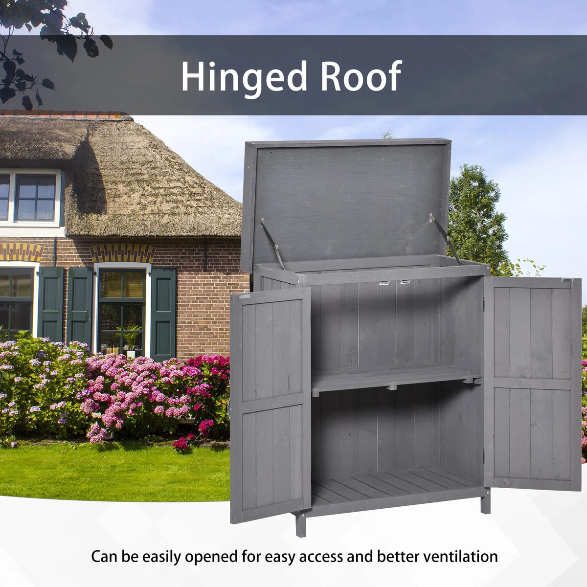 Wooden Garden Tool Shed, Hinged Roof, 2-Tier Shelves, Double Doors, 74x43x88cm, Dark Grey Sheds at Gallery Canada