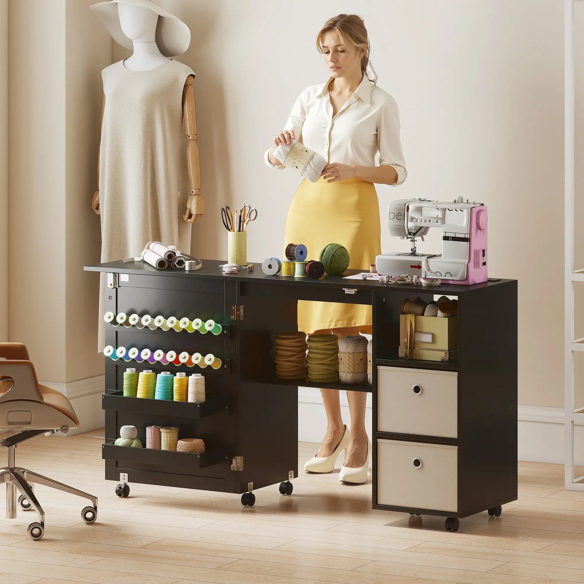 Rolling Sewing Machine Table, Folding Craft Table with Drawers, Bins, Pegs, Black Sewing Cabinets at Gallery Canada