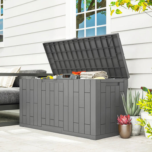 60 Gallon Resin Deck Box, Lockable Outdoor Storage, Splash And UV Resistant Patio Storage Boxes Grey Wood Effect at Gallery Canada