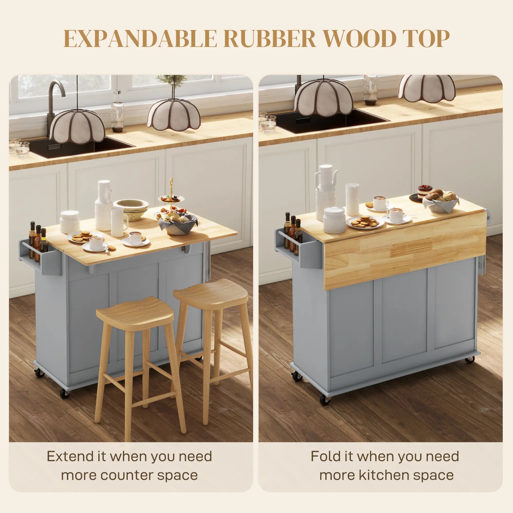 Kitchen Island on Wheels, Drop Leaf Cart with Drawers, Grey Kitchen Islands & Kitchen Carts at Gallery Canada