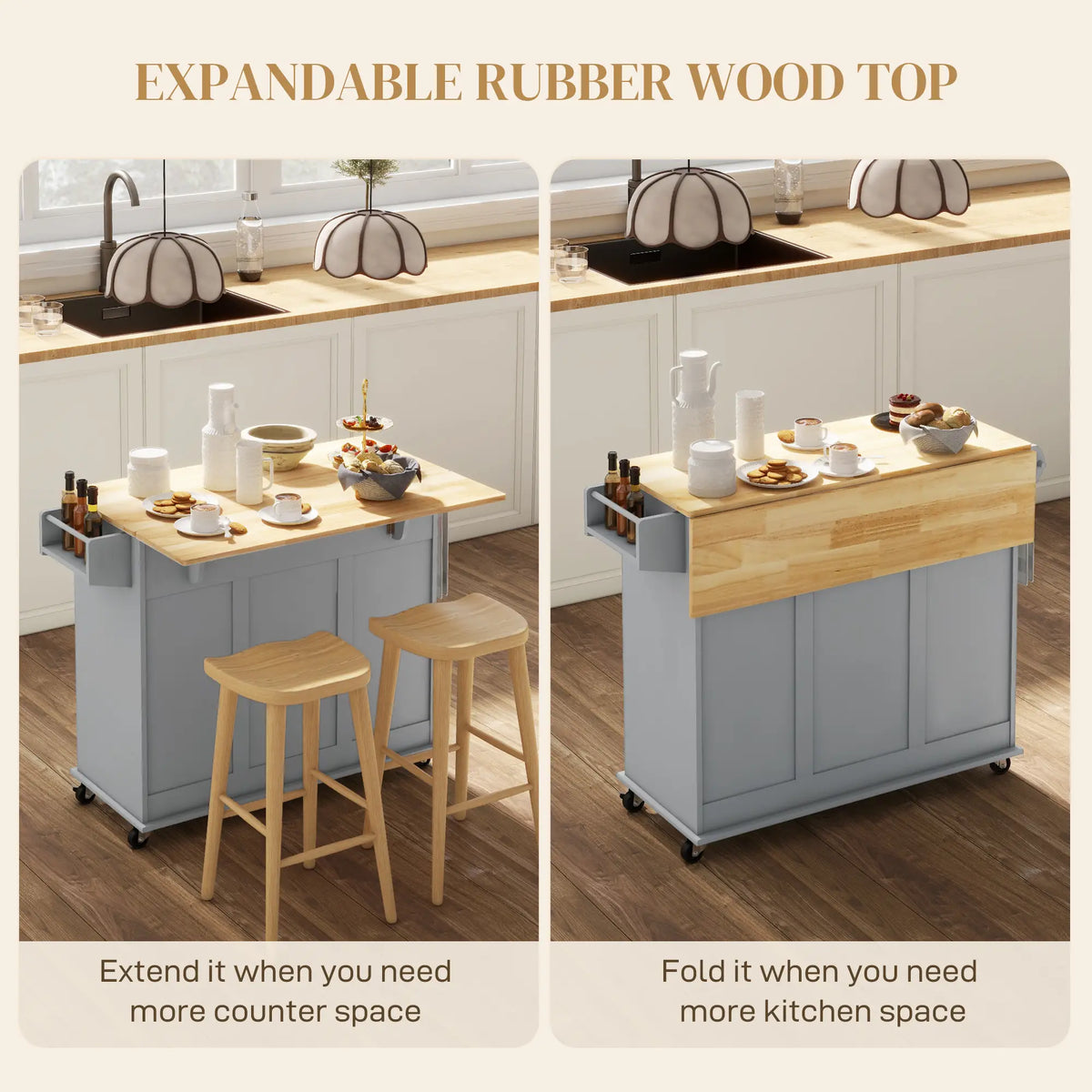 Kitchen Island on Wheels, Drop Leaf Cart with Drawers, Grey Kitchen Islands & Kitchen Carts at Gallery Canada