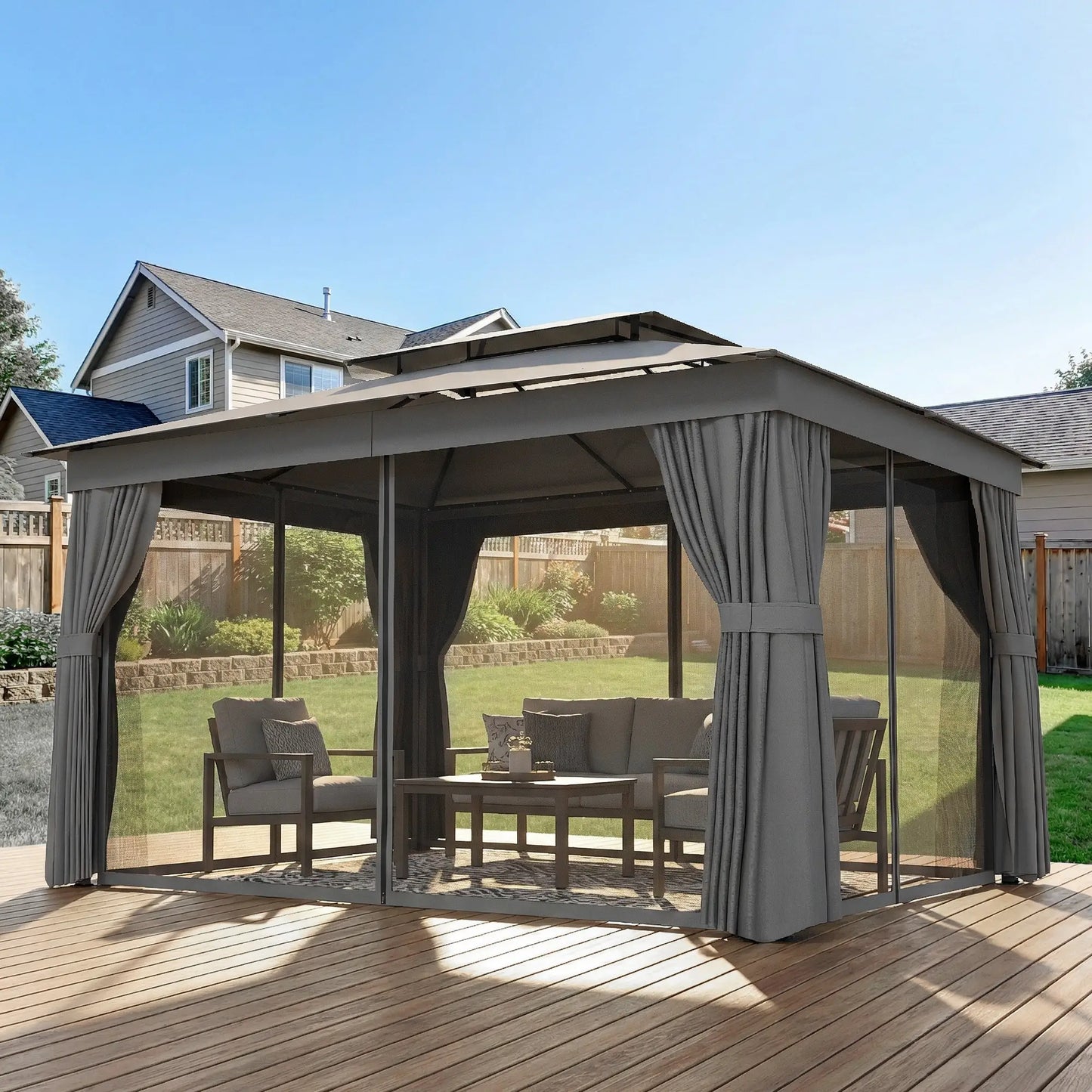 10' x 12.5' Gazebo, With Curtains, Netting, Double Roof, Dark Grey Gazebos at Gallery Canada