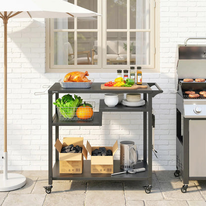Outdoor Grill Cart, Three-Shelf Pizza Oven Stand With Hooks, Wheels, Black