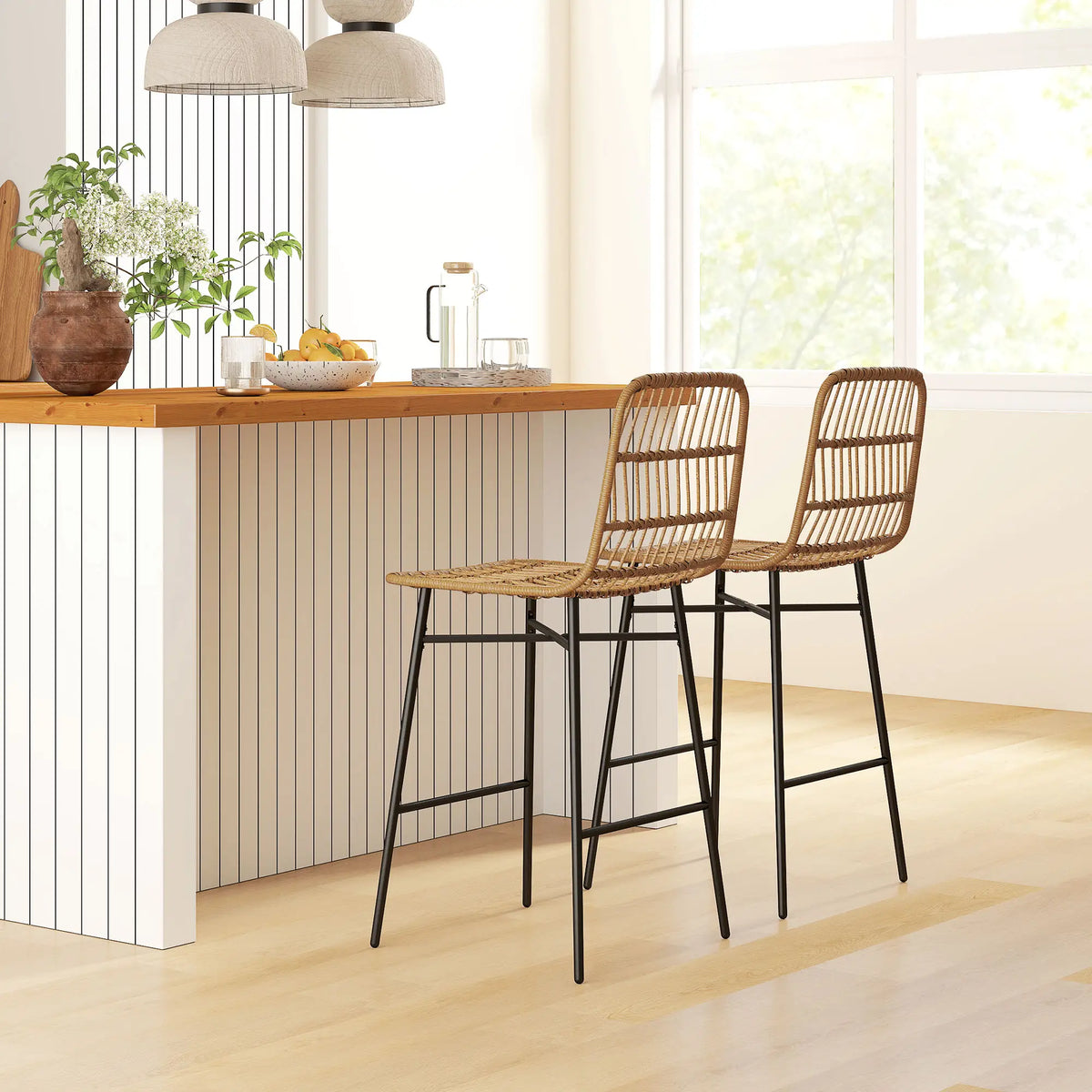Rattan Counter Height Bar Stools Set Of 2, 26" Counter Stools With Back, Brown Bar Stools at Gallery Canada