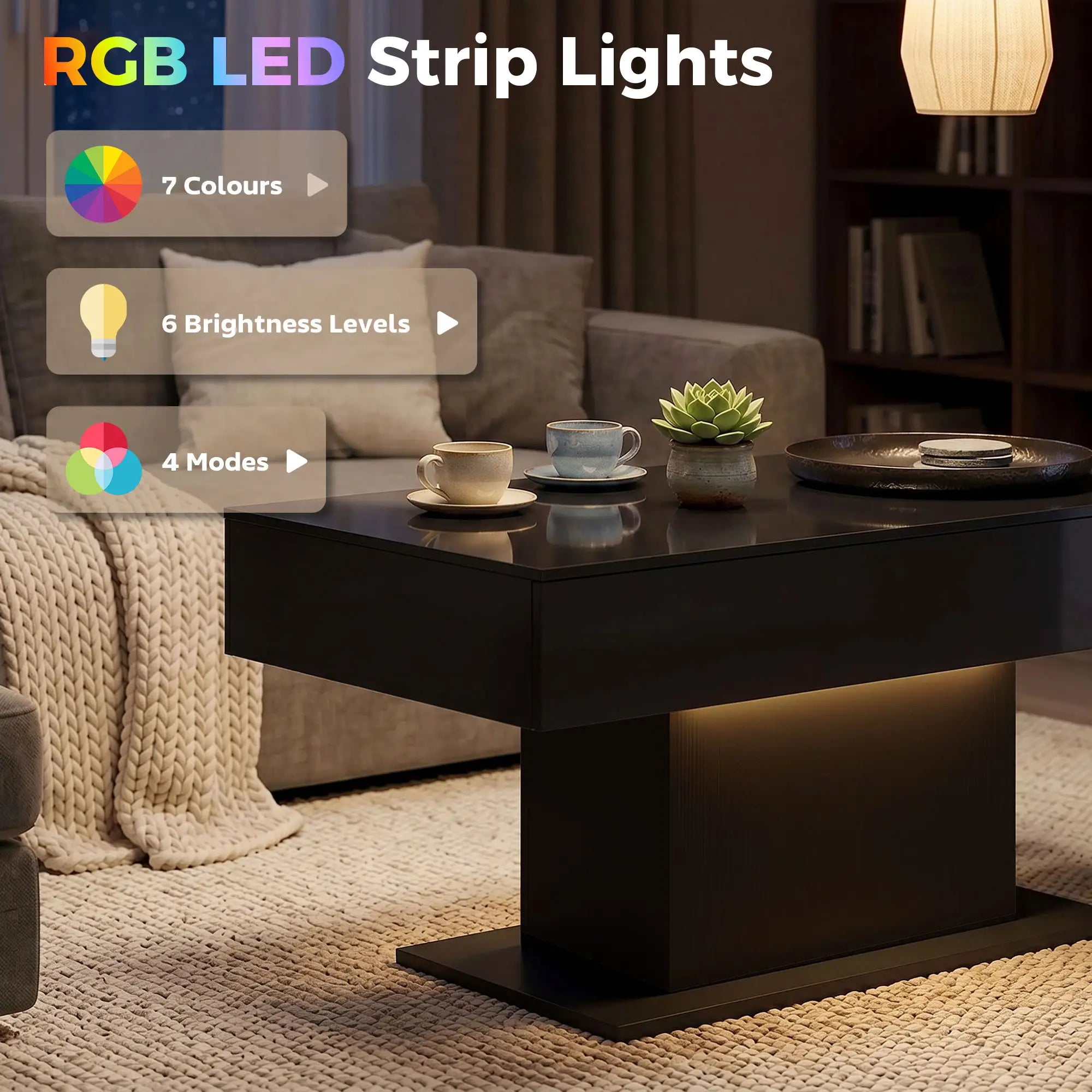 LED Coffee Table with Storage, High Gloss Modern Center Table with 2 Drawers and Remote Control for Living Room, Black Coffee Tables at Gallery Canada