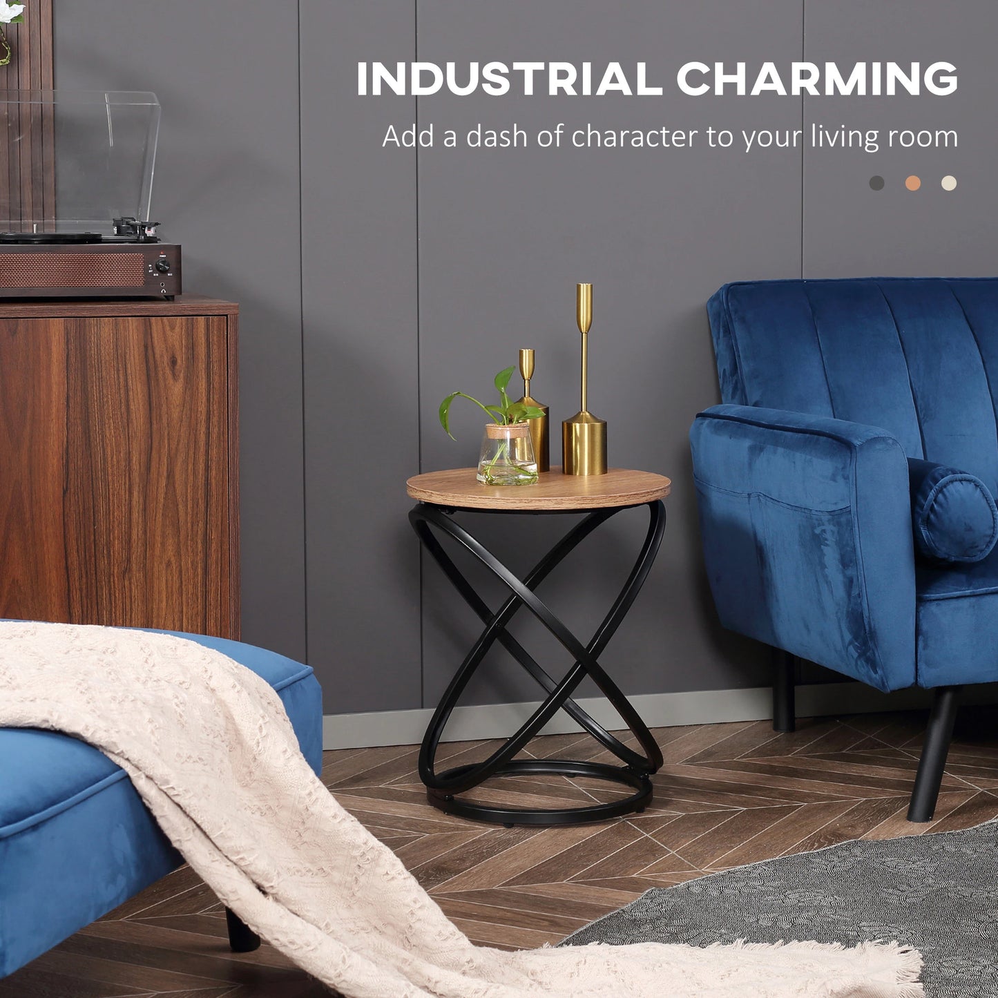 Industrial Round End Table, Steel Frame, 15.7"x15.7"x19.7", Light Brown Coffee Tables at Gallery Canada