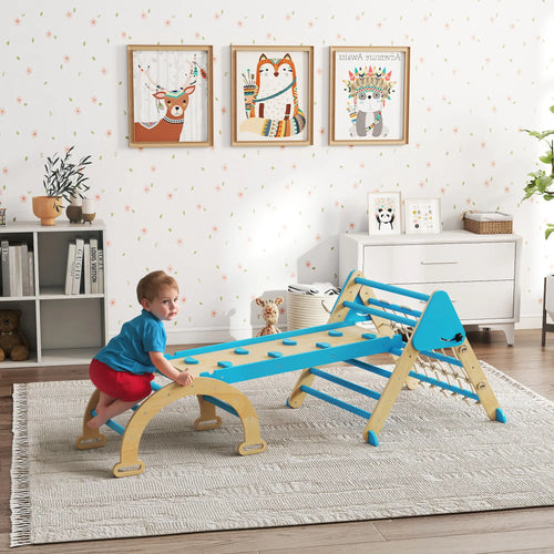 8-in-1 Pikler Triangle Set, Foldable Wooden Climbing Toys, Blue