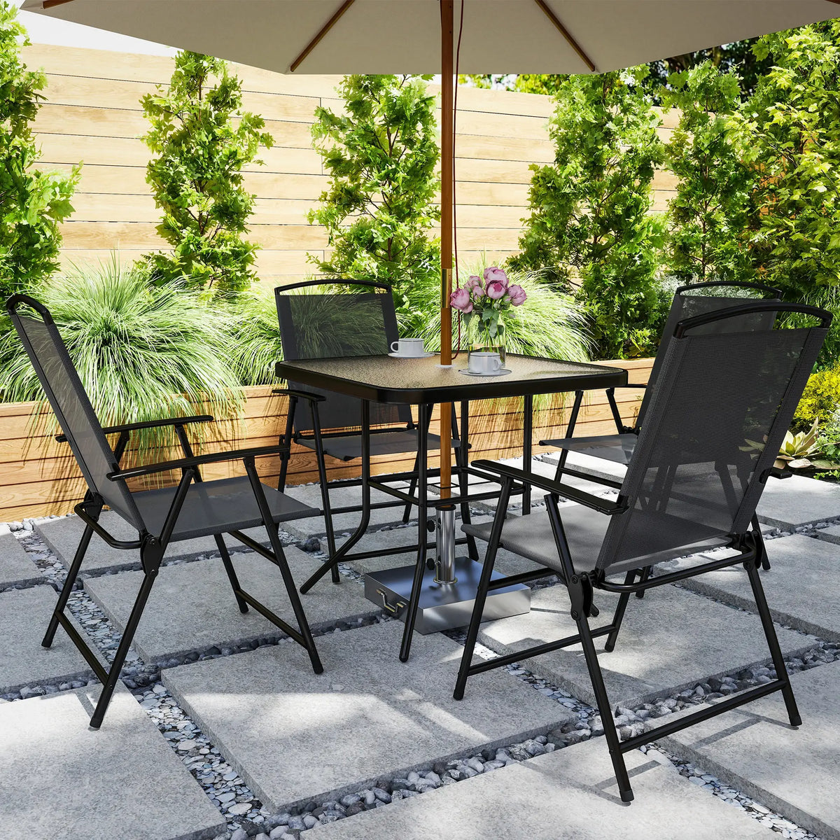 5-Piece Outdoor Dining Set, Glass Top Table, 4 Mesh Chairs, Grey Outdoor Dining Sets at Gallery Canada
