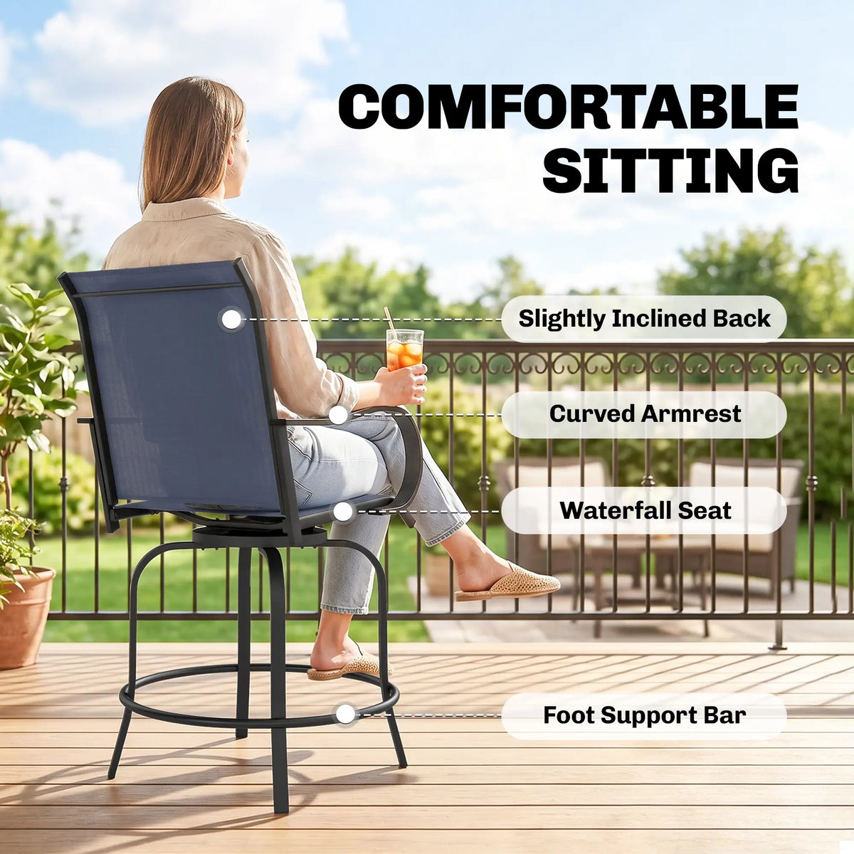 Outdoor Bar Stools Set of 2, 360° Swivel, 26.8" x 29.5" x 48.4", Navy Blue Bistro Sets at Gallery Canada