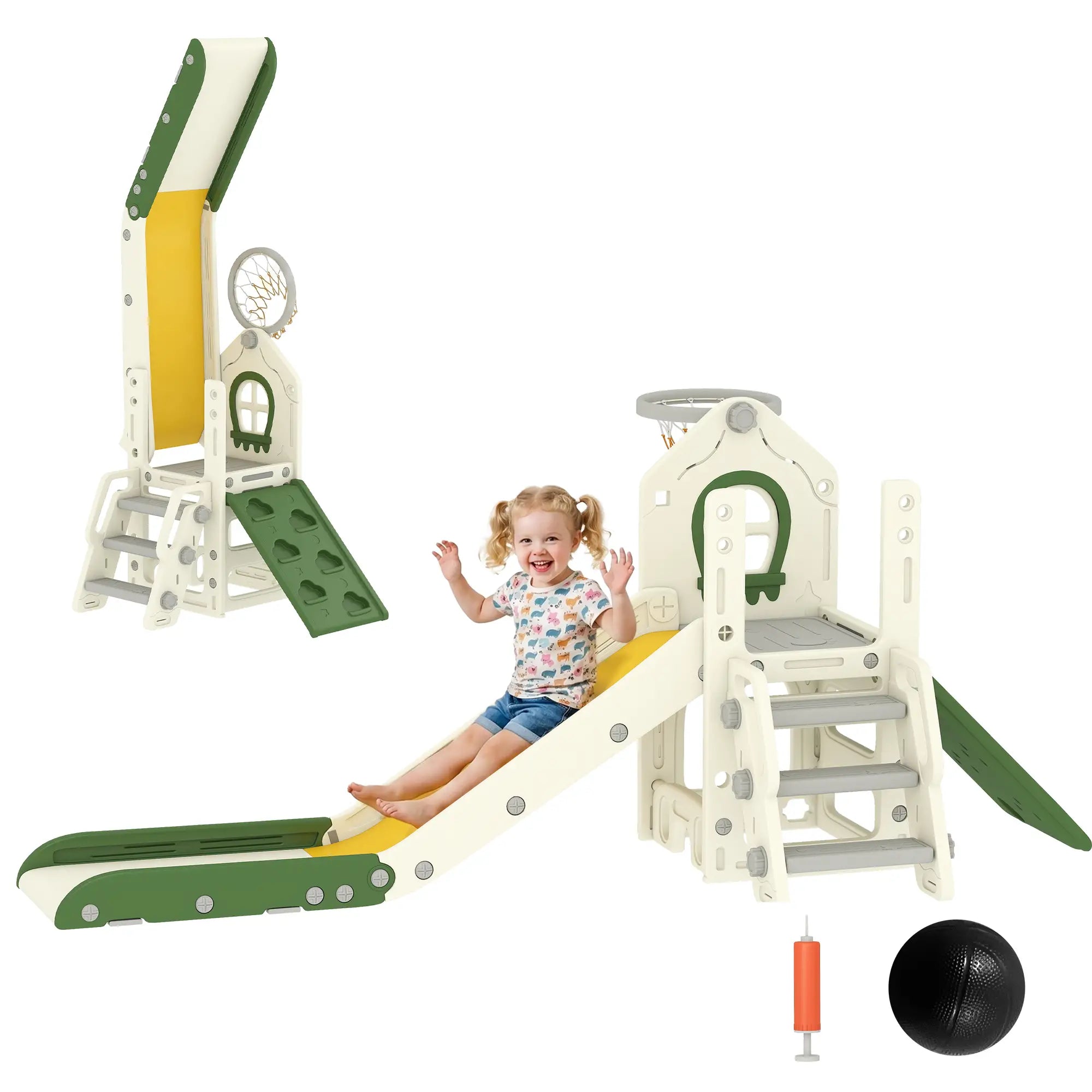 Foldable 4 in 1 Toddler Slide with Climber, Basketball Hoop, Storage Space and Basketball for Ages 1-3 Years, Cream Gym Sets & Swings Cream White, Light Grey, Yellow, Green at Gallery Canada