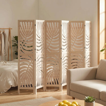6 Panel Room Divider, Detachable Folding Privacy Screen, Palm Leaf Design, Natural Wood Room Dividers at Gallery Canada