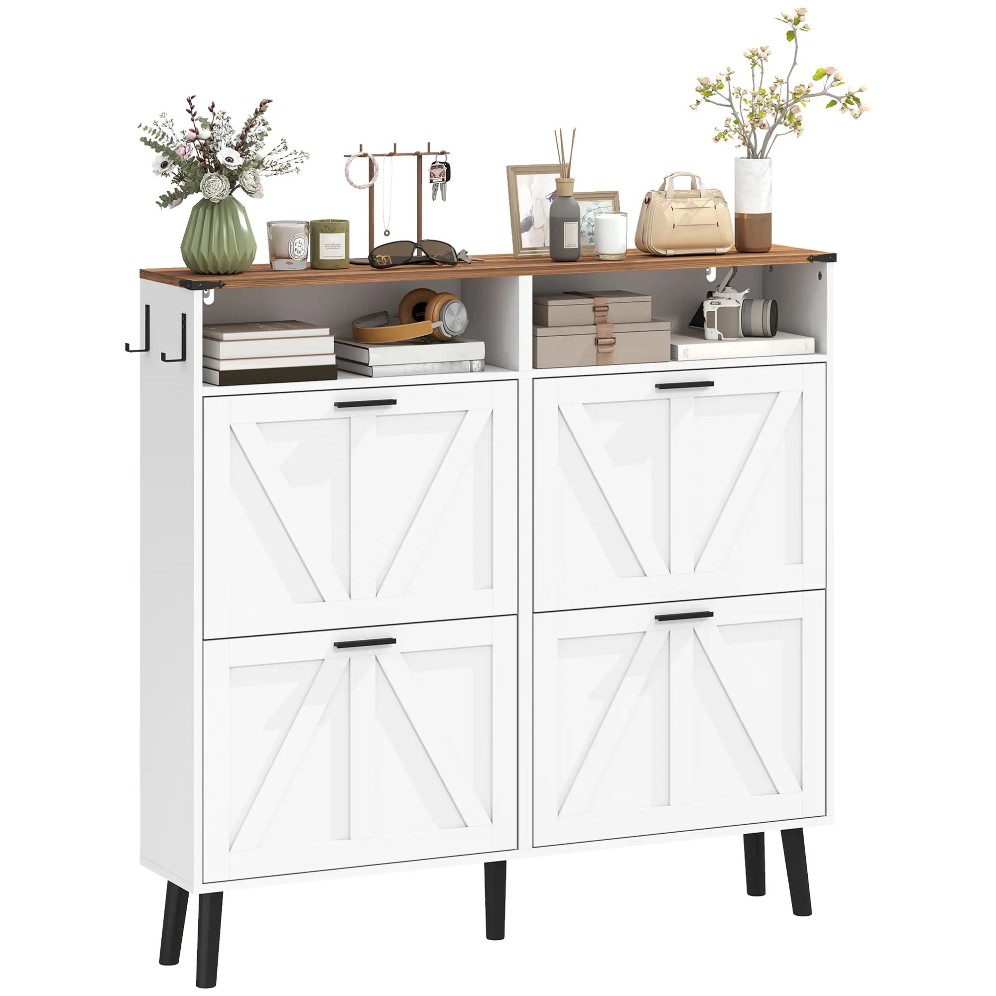 Shoe Storage Cabinet, 4 Flip Drawers, Farmhouse Narrow, Holds 24 Pairs, White Shoe Storage Cabinets & Racks White, Brown, Black at Gallery Canada