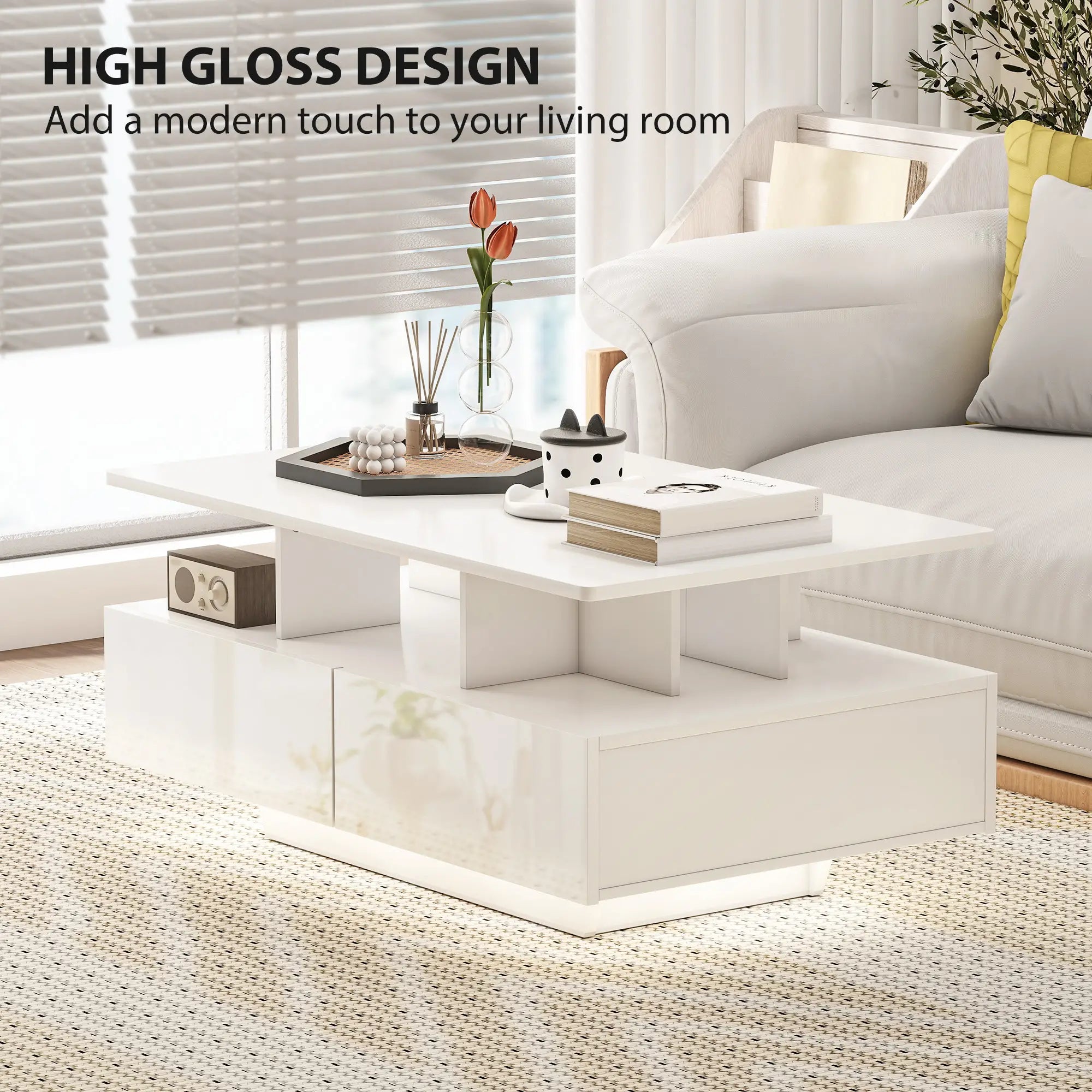 Modern Coffee Table with RGB LED Lights, 4 Drawers, Open Shelf, Remote, High Gloss White, White Coffee Tables at Gallery Canada