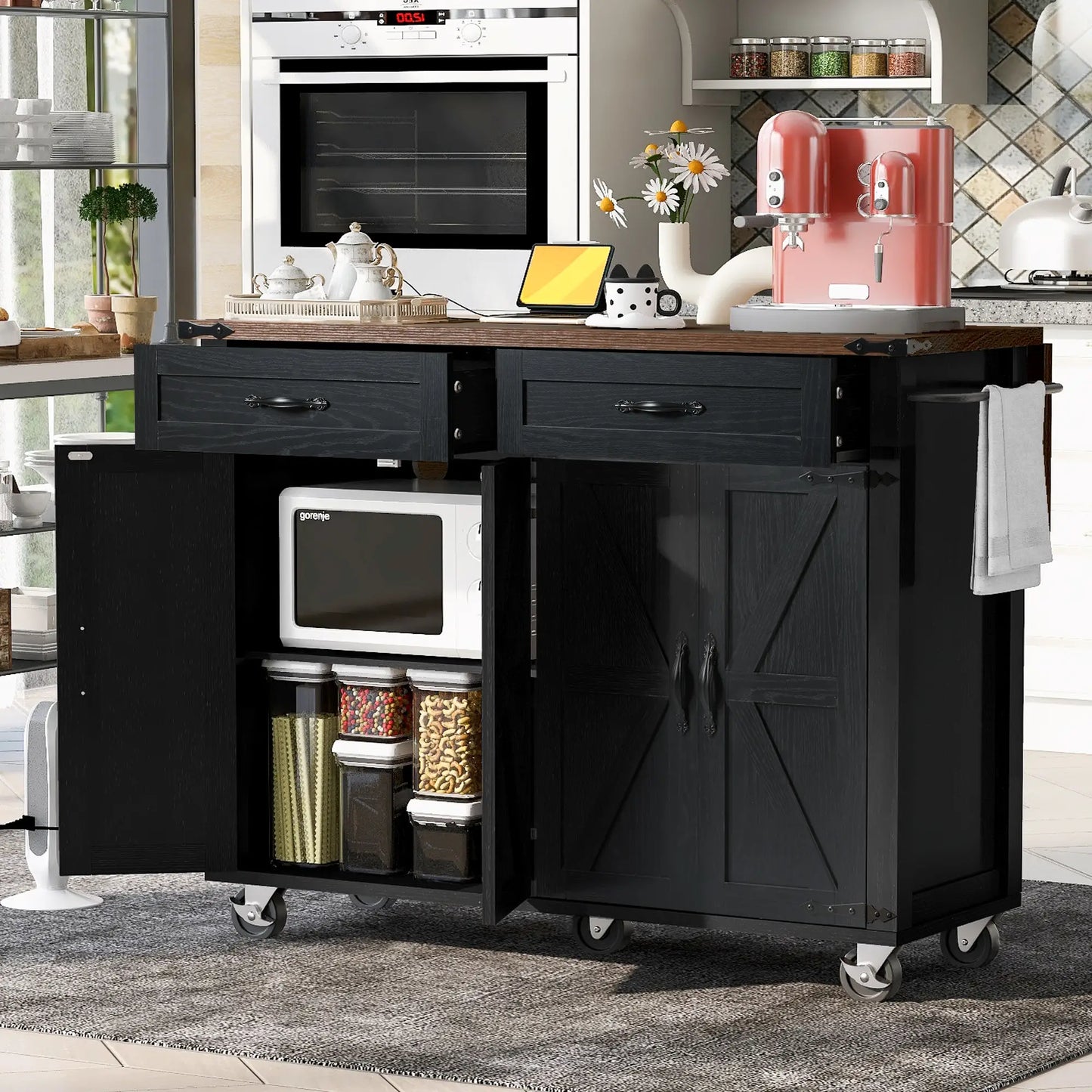 Kitchen Island with Spice Rack, Storage Drawers, Power Outlet, 53.5" L x 29" W x 36.5" H, Black Kitchen Islands & Kitchen Carts at Gallery Canada
