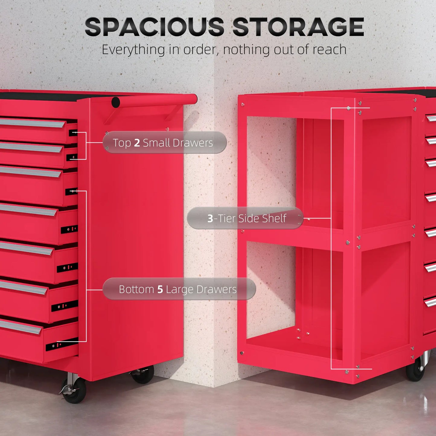 Coffre à outils roulant à 7 tiroirs, armoire verrouillable avec étagère latérale, rouge