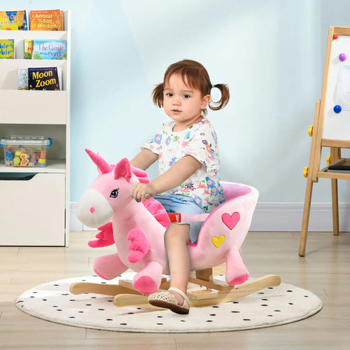 Baby Rocking Horse, Unicorn Ride On with Songs, Wooden Base, Safety Belt, 1.5-3 Year Old, Pink