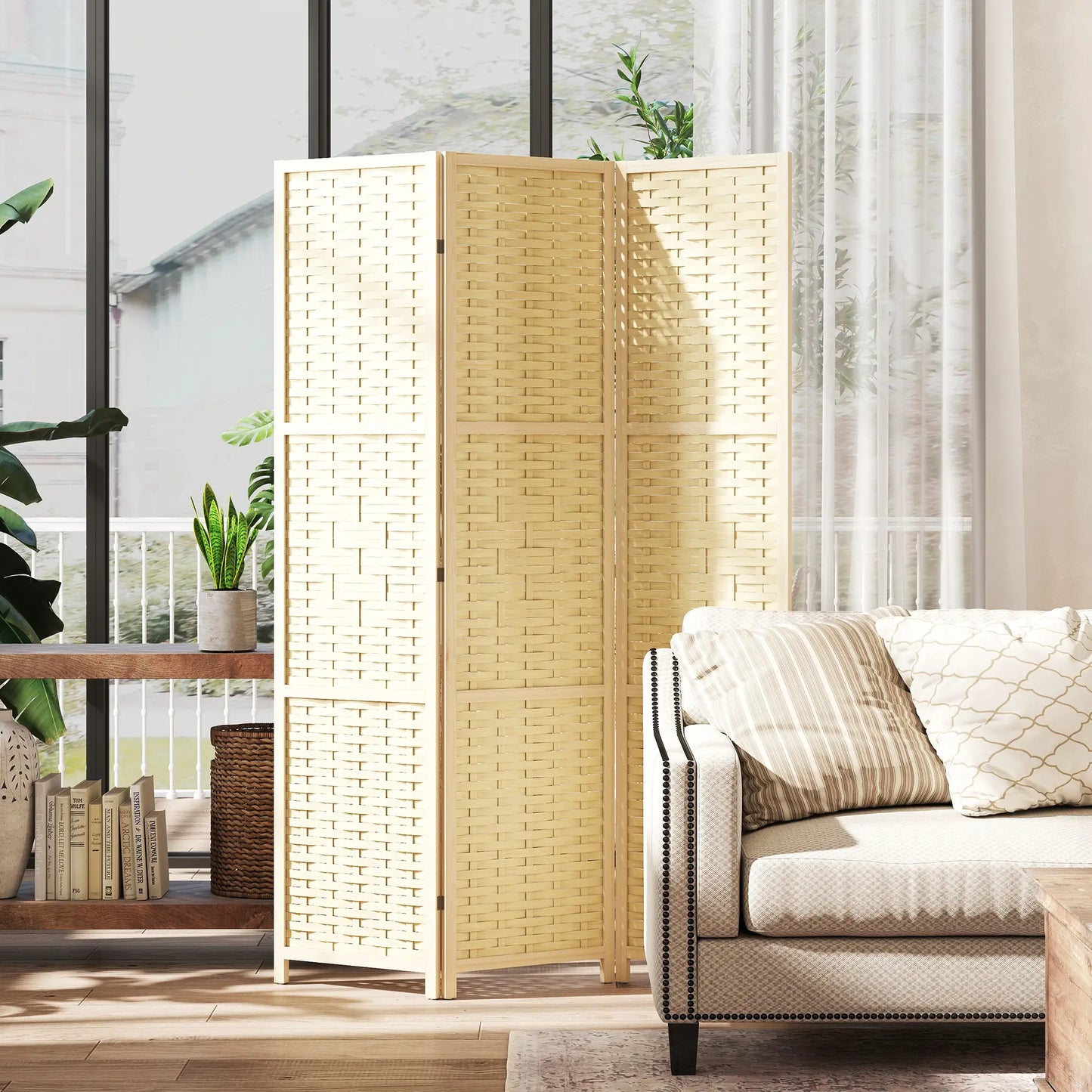 3-Panel Room Divider, 5.6 FT Freestanding Folding Privacy Screen, Natural Wood Room Dividers at Gallery Canada