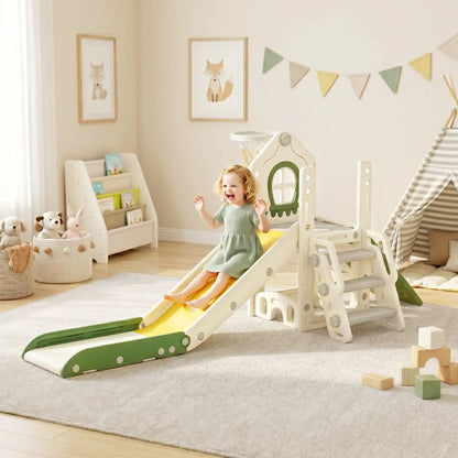Foldable 4 in 1 Toddler Slide with Climber, Basketball Hoop, Storage Space and Basketball for Ages 1-3 Years, Cream Gym Sets & Swings at Gallery Canada