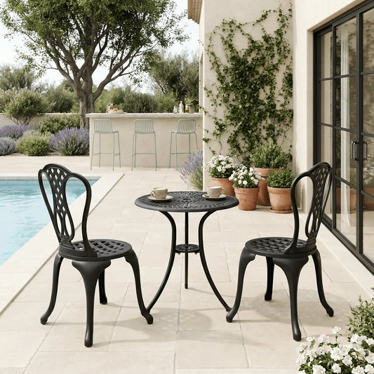 Antique Bistro Set, Cast Aluminum Patio Table & Chairs, Black Bistro Sets Black at Gallery Canada