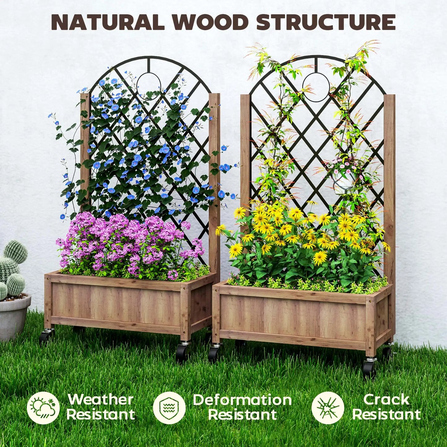Raised Garden Bed With Metal Trellis, Elevated Planter Box With Wheels, 20.5" x 9.8" x 38.2", Brown Wooden Planter Boxes at Gallery Canada