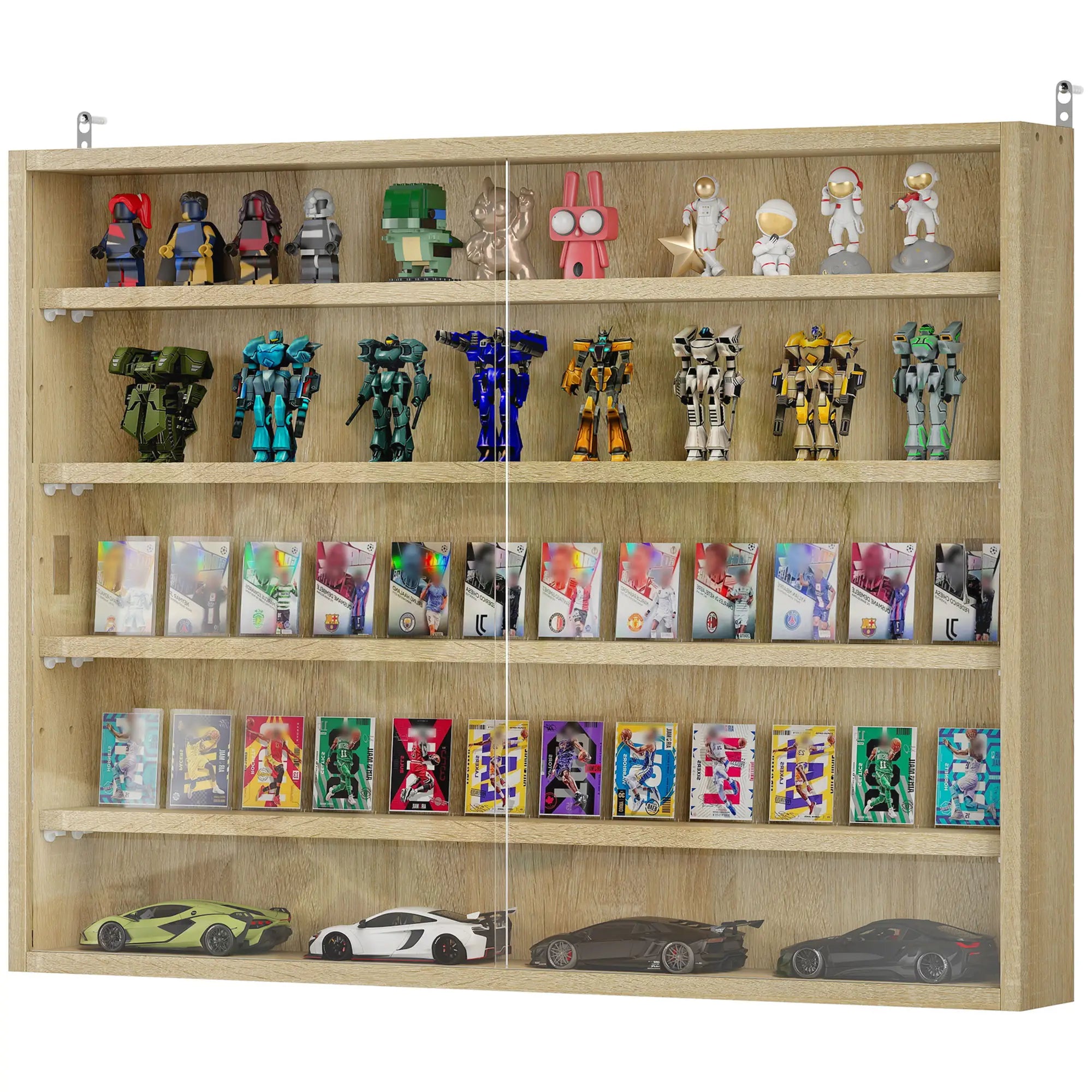 5-Tier Display Cabinet, 2 Glass Doors, 4 Adjustable Shelves, Oak Display Bookshelves Oak at Gallery Canada