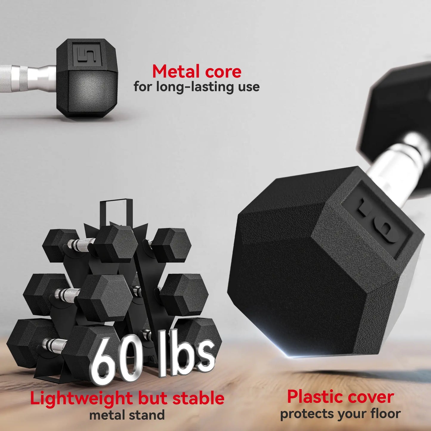 60 LBS Hex Dumbbell Set with Rack, Non-Slip Handles, Rubber Coated Dumbbells & Barbells at Gallery Canada