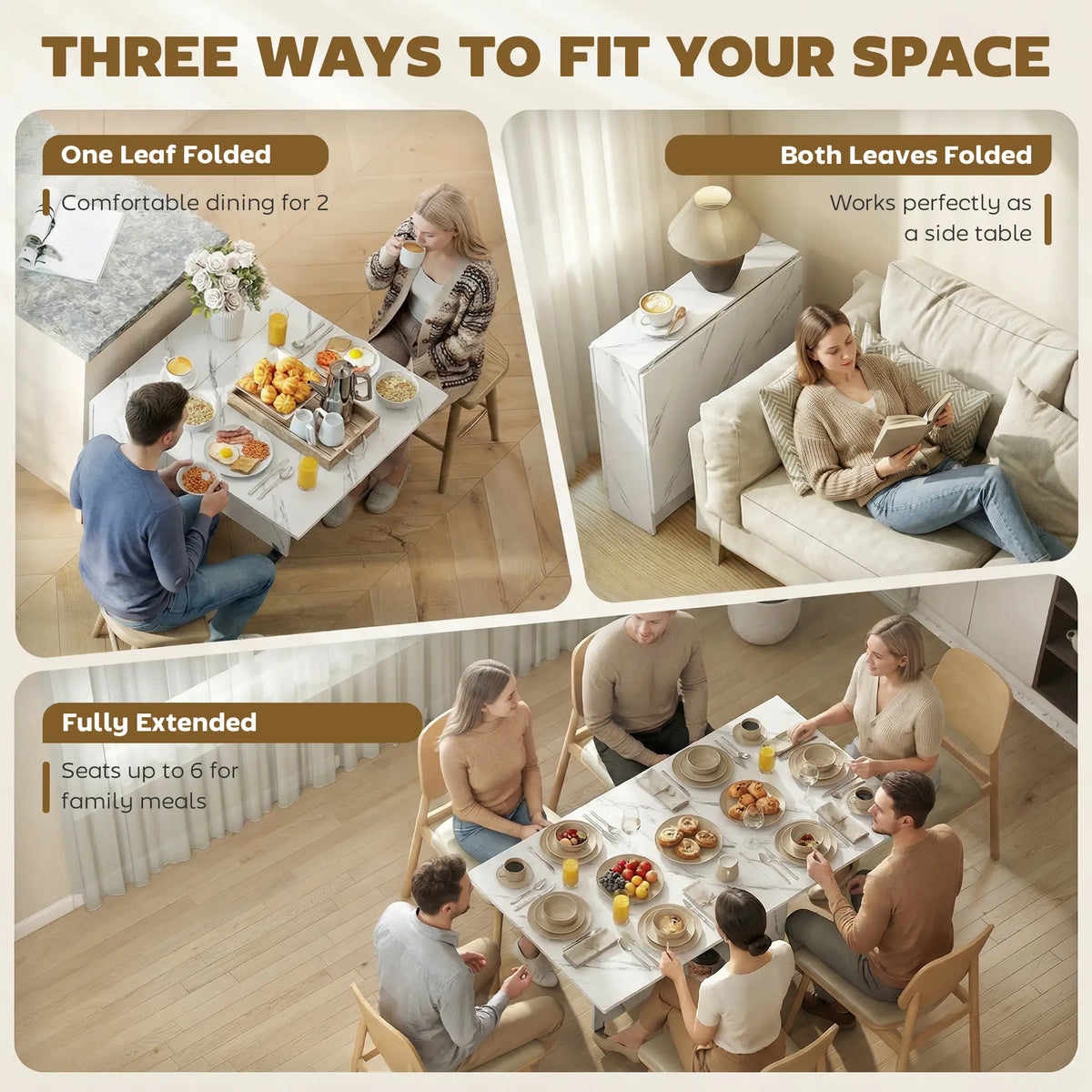 Extendable Dining Table, Marble White, Collapsible With Shelves, White